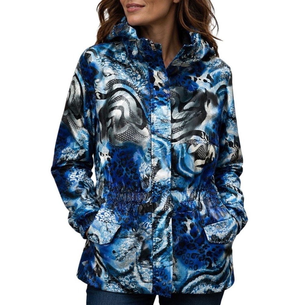 Erin London Women's XL Blue Abstract Print Drawstring Jacket Coat Wearable Art